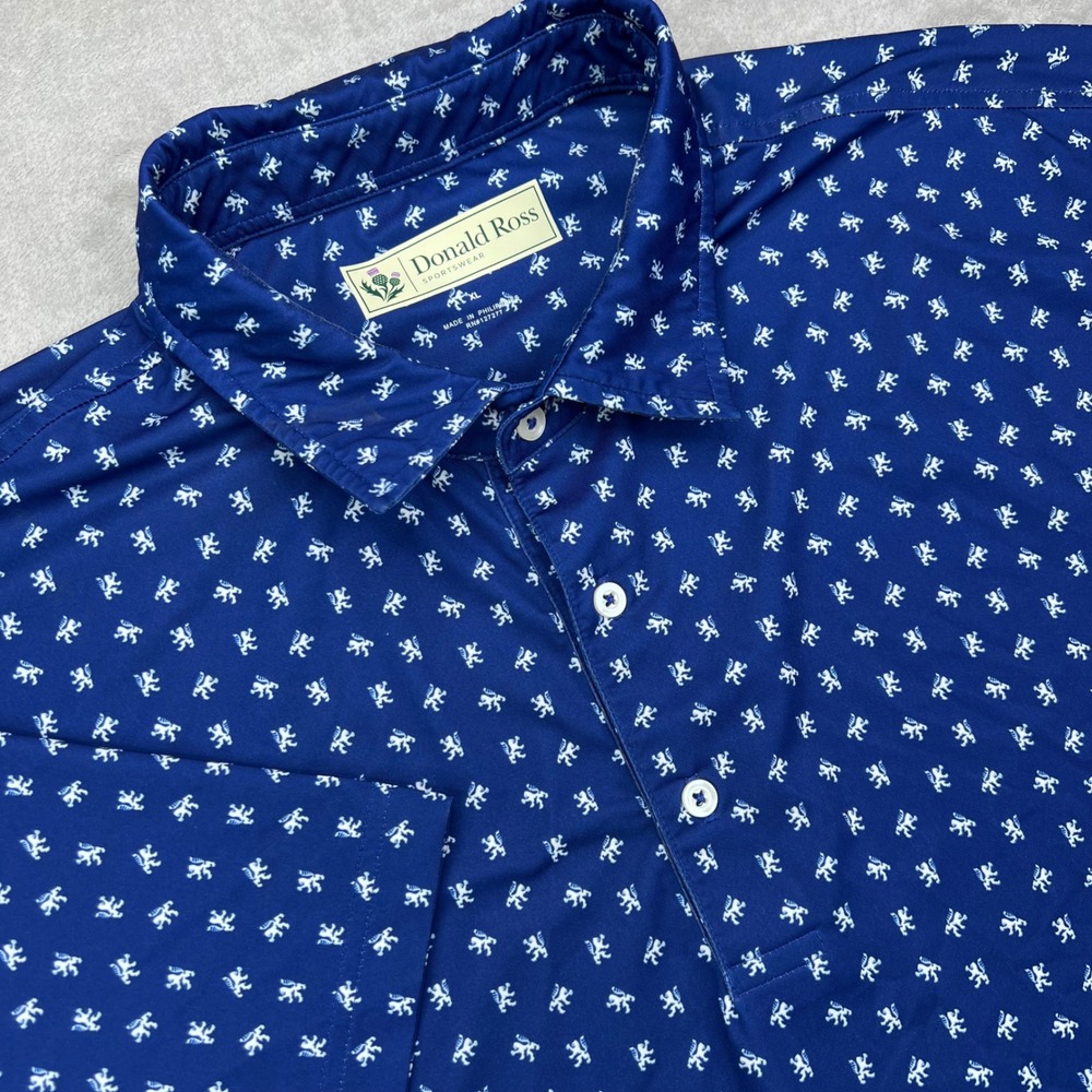Donald Ross Golf Polo Shirt Mens XL Blue Lion Rampant AOP Gleneagles Performance